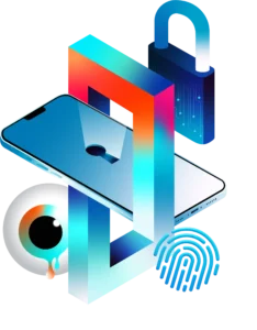 Digital security with padlock, phone, eye, fingerprint.