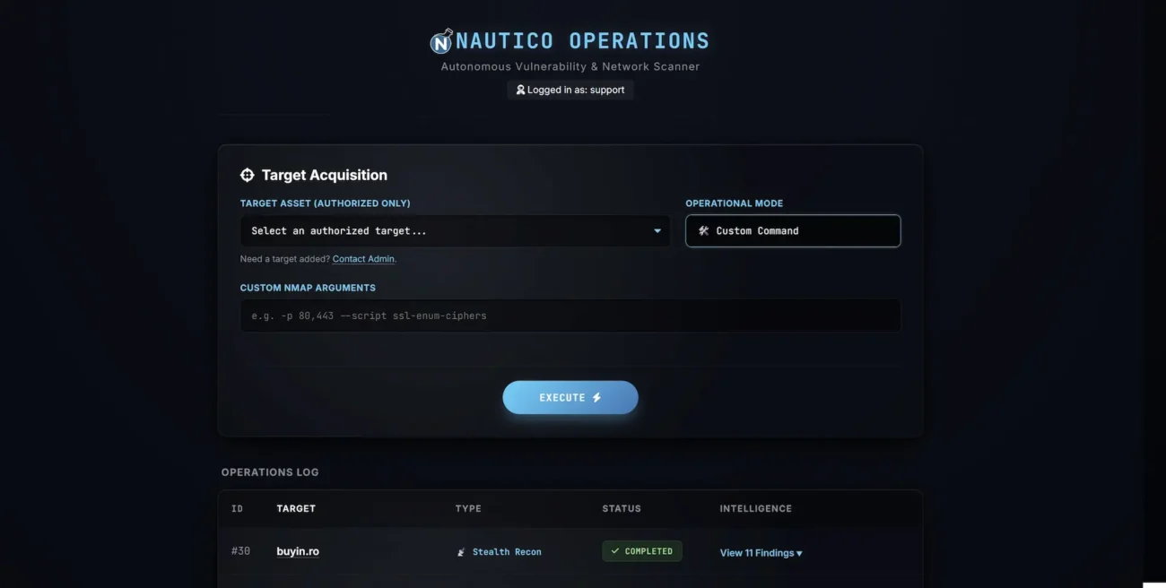 Nautico Operations vulnerability scanner interface screenshot.