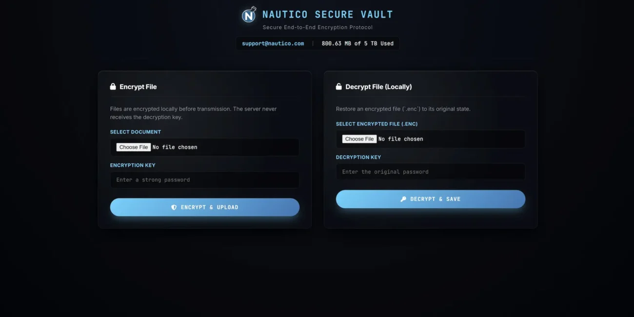 Nautico Secure Vault encryption and decryption interface.